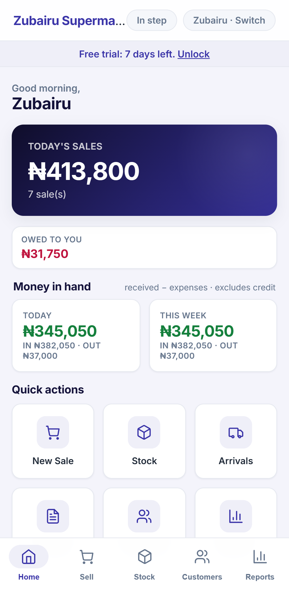 Rajista home screen: today's sales, money owed, money in hand and quick actions