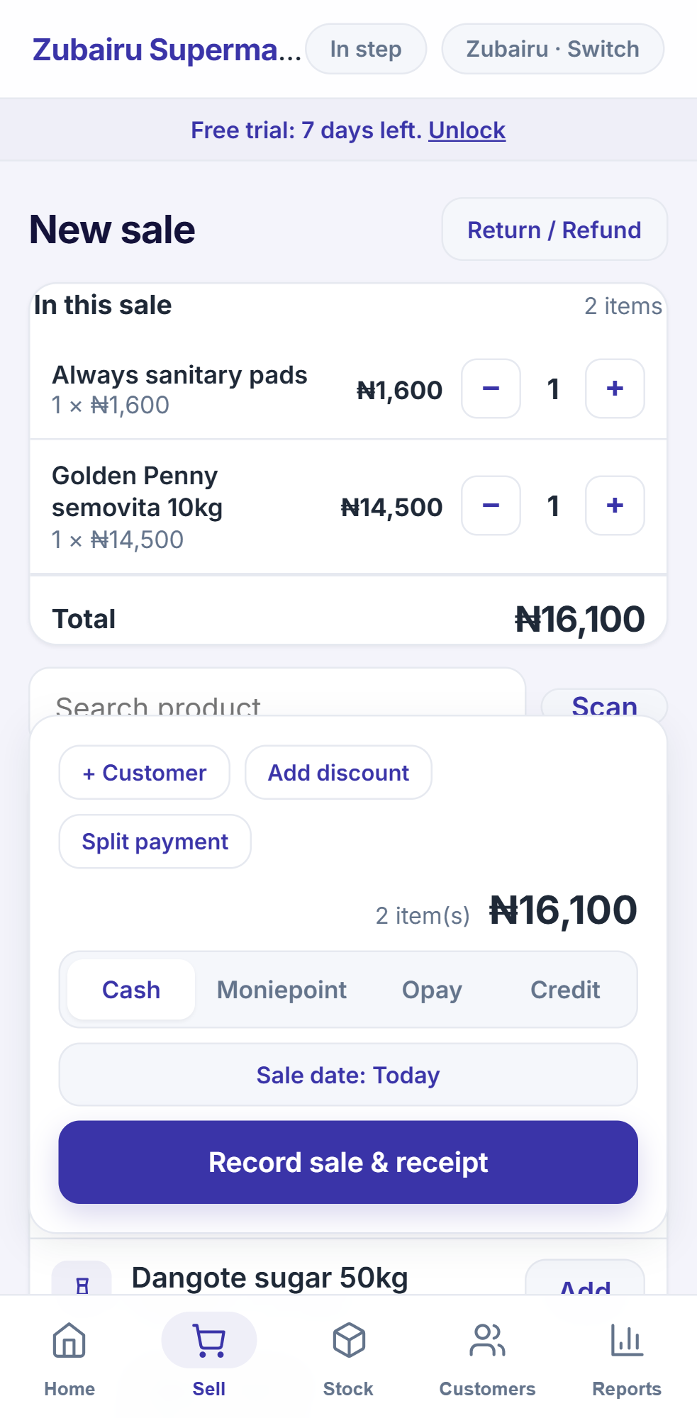The till: a sale paid by cash, Moniepoint, OPay or credit