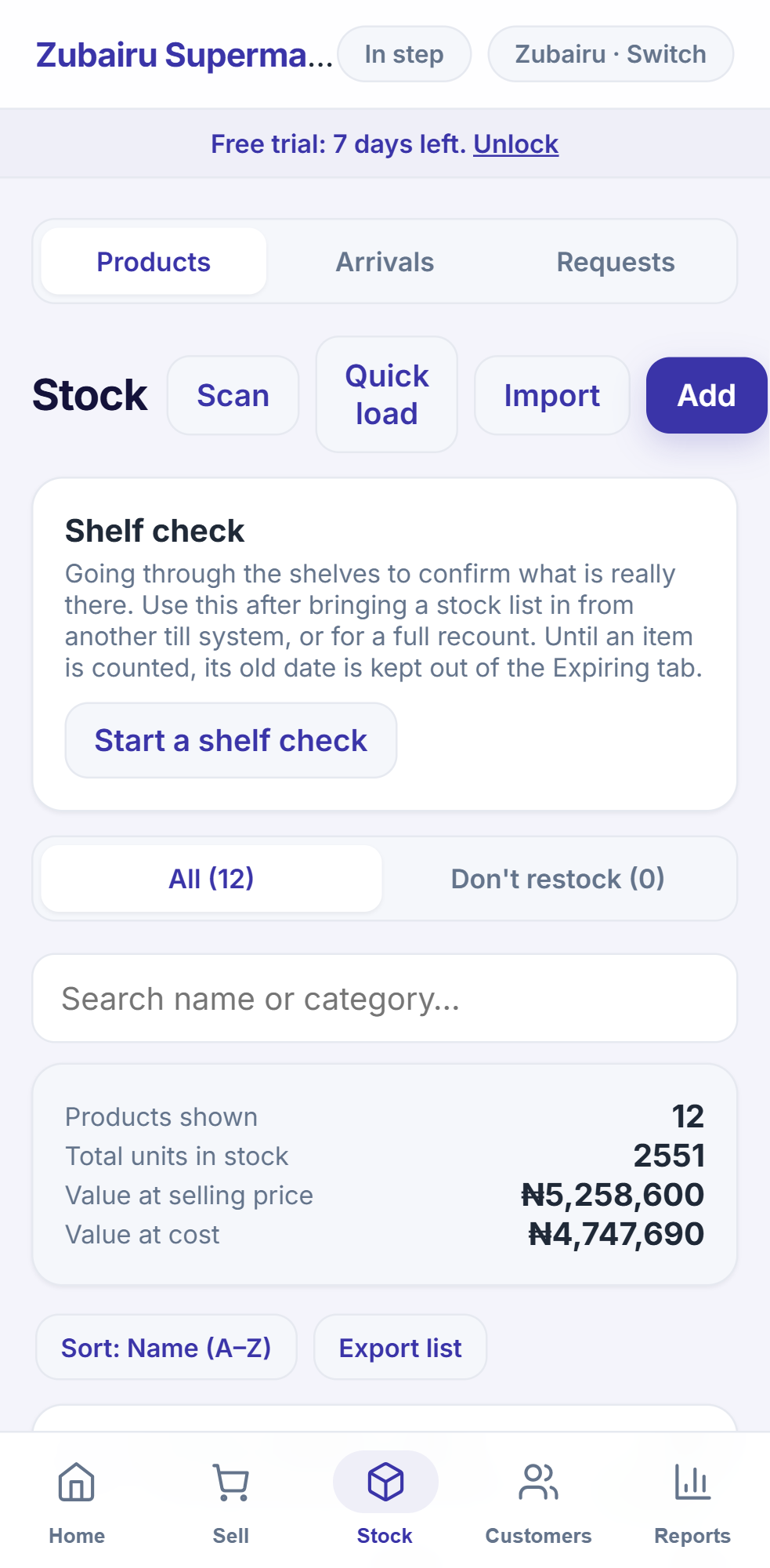 Stock list with counts, stock value and shelf check